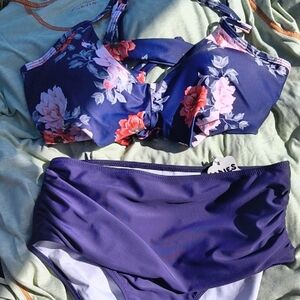 Floral Bikini Set with Navy and Pink Accents